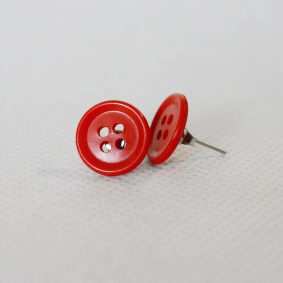 Red Button Stud Earrings - Picture 1 of 4